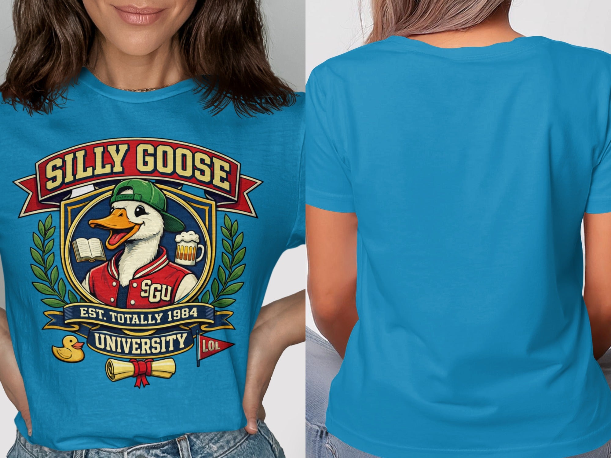 Blue t-shirt with "Silly Goose University" graphic featuring a duck wearing a letterman jacket.
