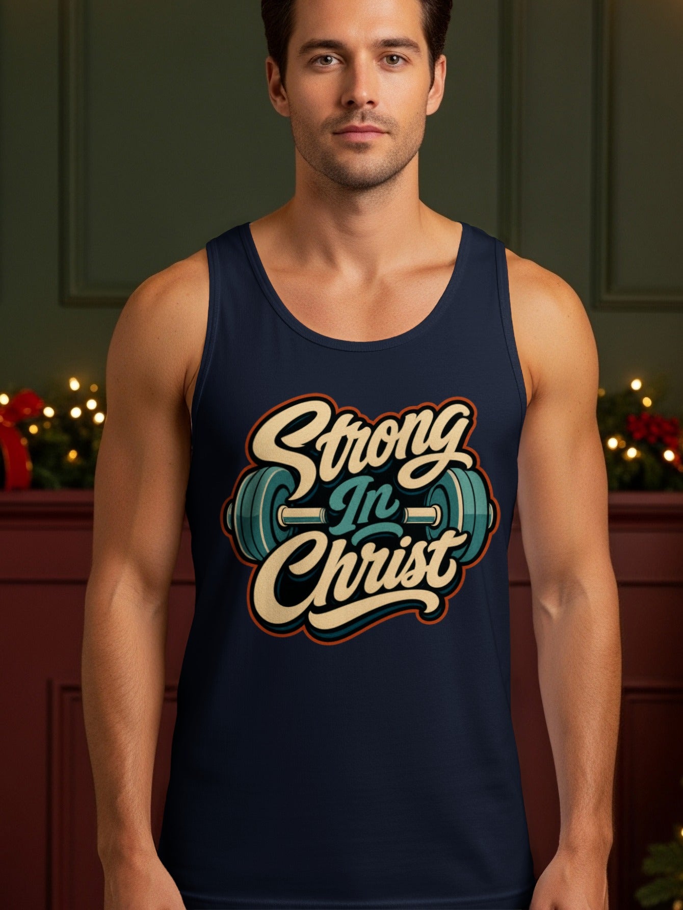 Navy tank top with "Strong In Christ" text and barbell graphic.