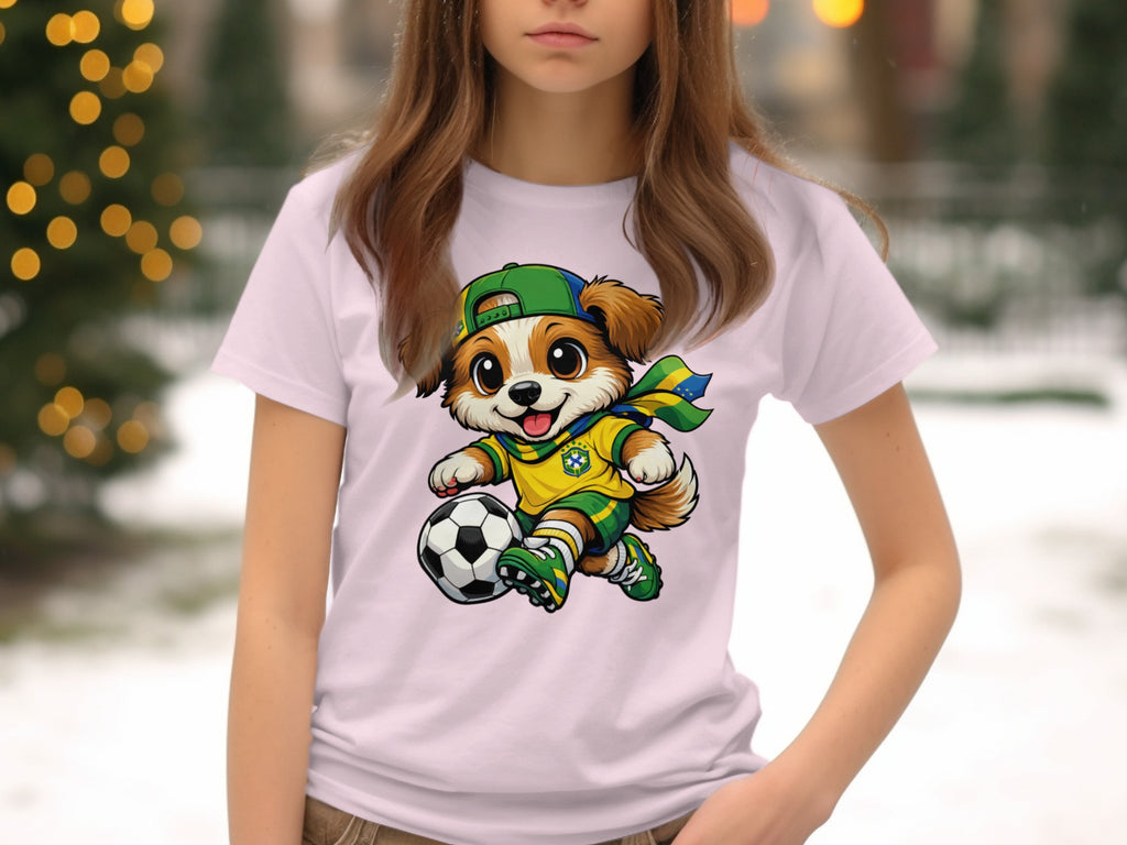 Cartoon dog in a soccer uniform dribbling a ball.