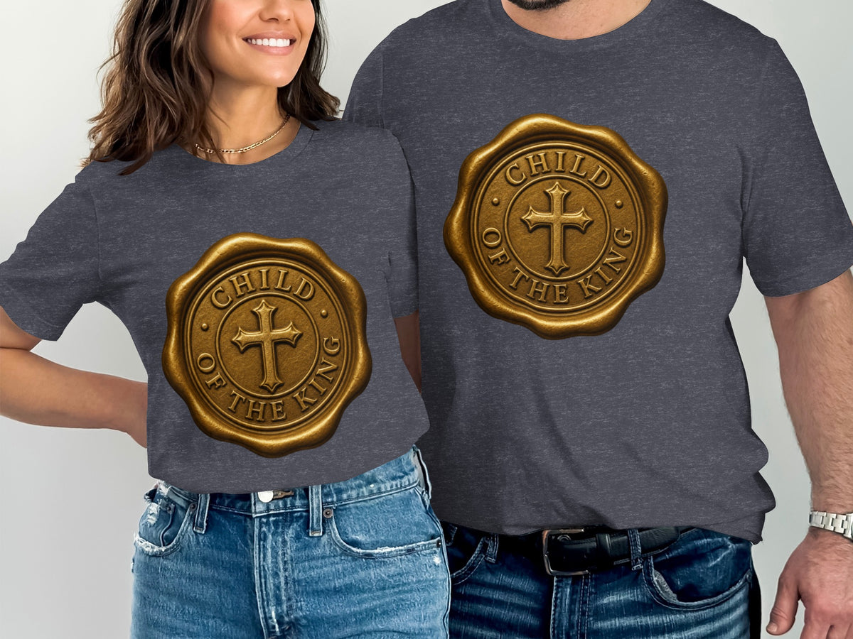 Dark grey t-shirts featuring a gold wax seal with a cross and the text "Child of the King".