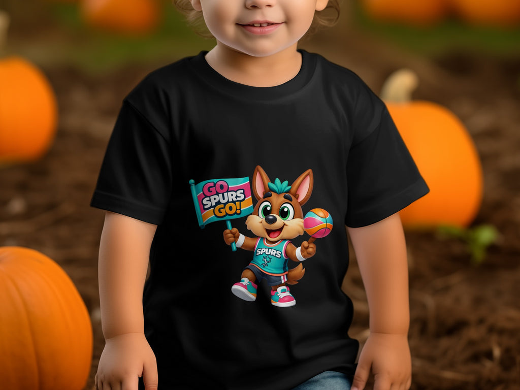 Child wearing black t-shirt with cartoon dog holding "GO SPURS GO!" sign and basketball.
