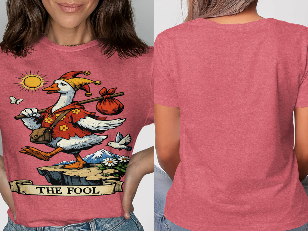 Goose wearing jester hat and cloak, carrying a bundle, with sun, mountains, and text "THE FOOL."