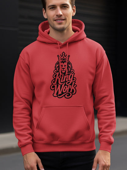 Red hoodie with a black lion and crown graphic that reads "King Work".