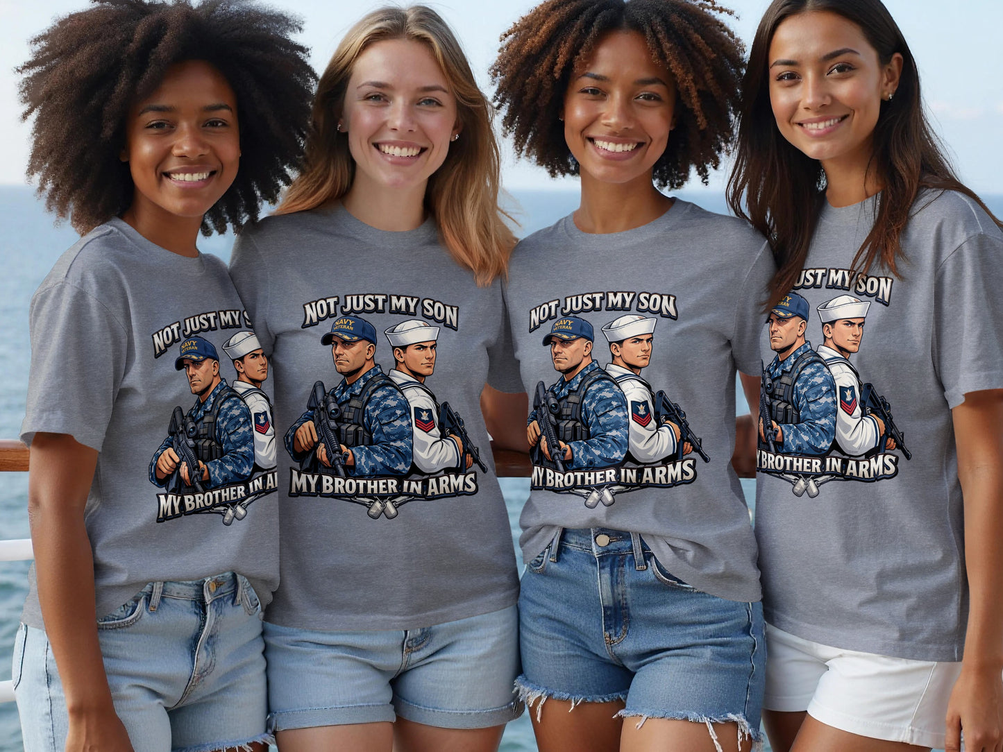 Four women wear grey t-shirts with "Not Just My Son, My Brother In Arms" graphic.