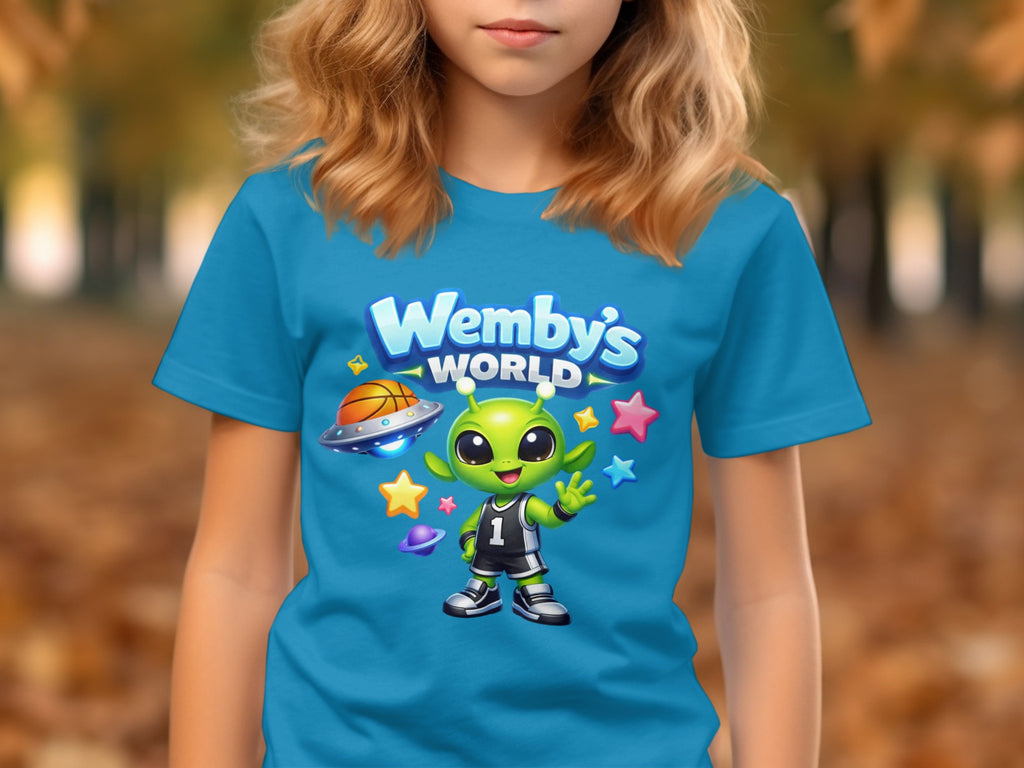 Wemby's World t-shirt with cartoon alien playing basketball and flying saucer.