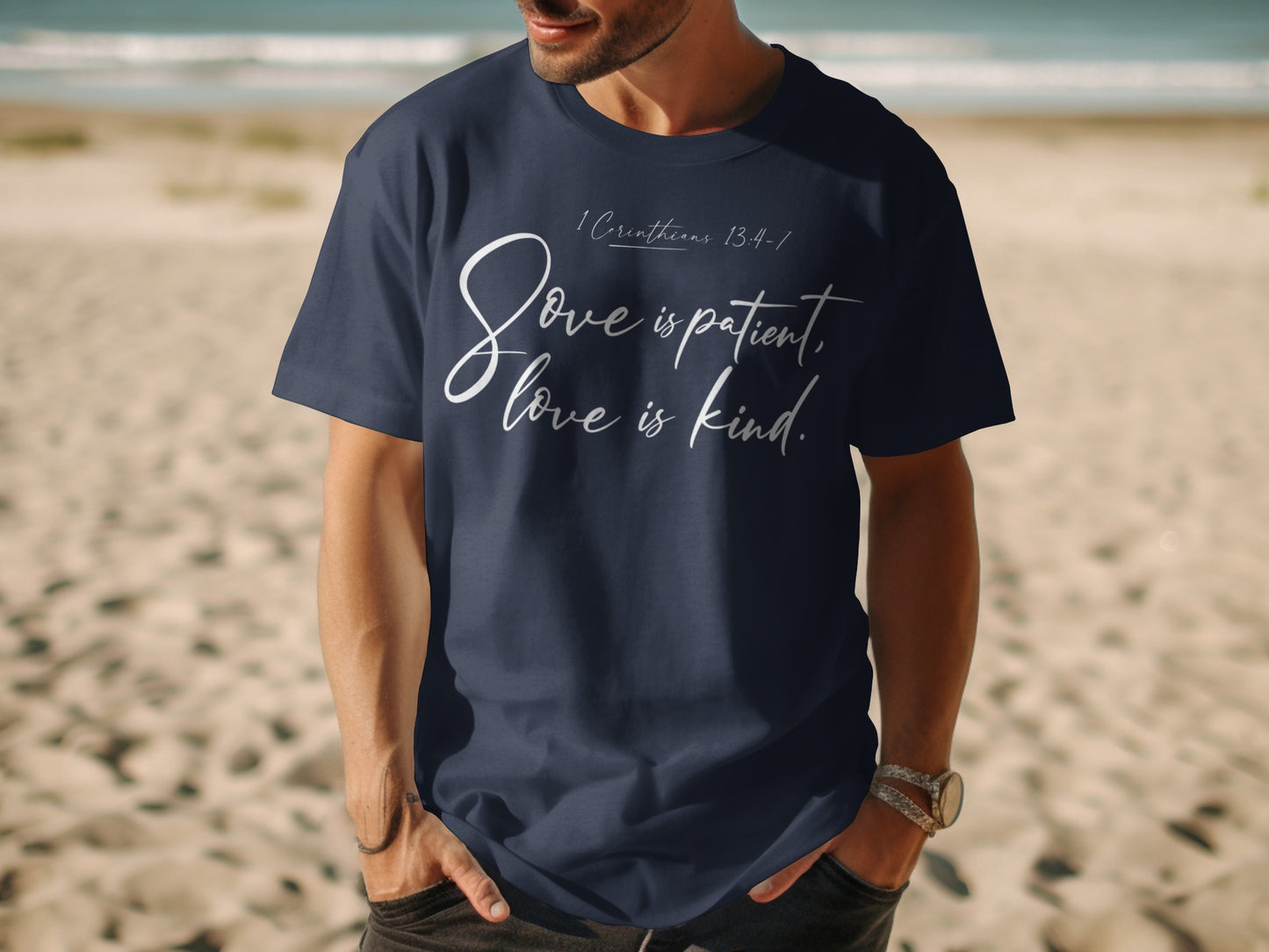 Navy t-shirt with white text "1 Corinthians 13:4-7 Love is patient, love is kind."