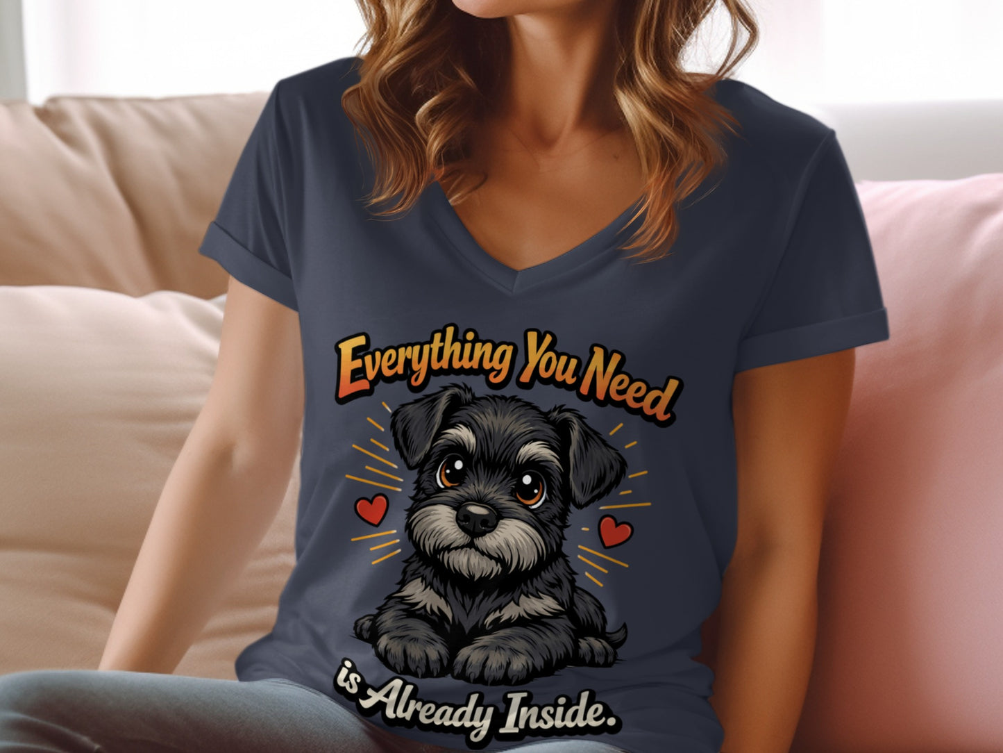 T-shirt with a cartoon schnauzer, hearts, and text "Everything You Need is Already Inside."