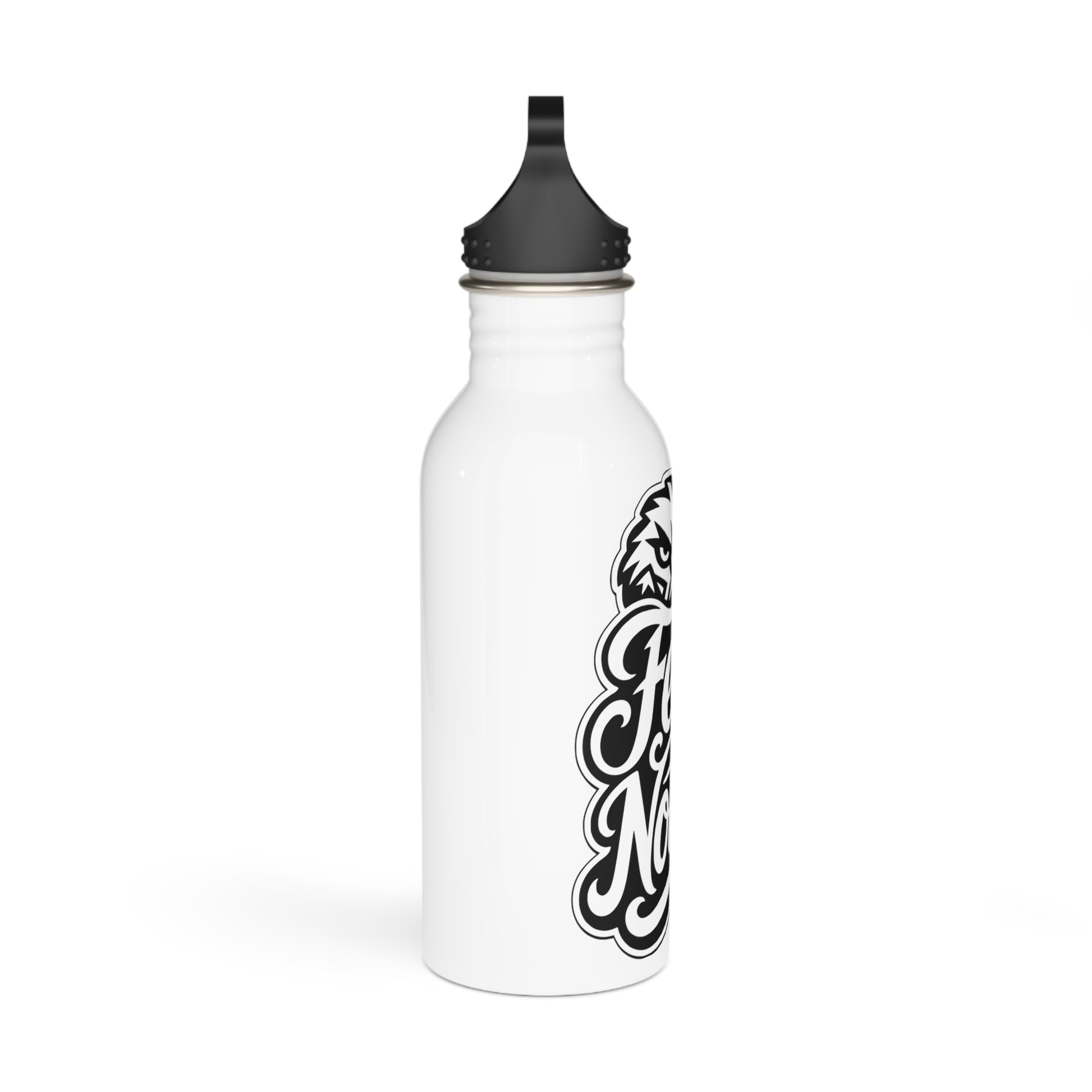 White water bottle with black tiger graphic and stylized text.