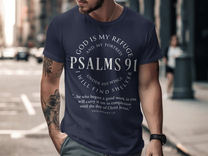 Dark blue t-shirt with Psalms 91 and Philippians 1:6 text.