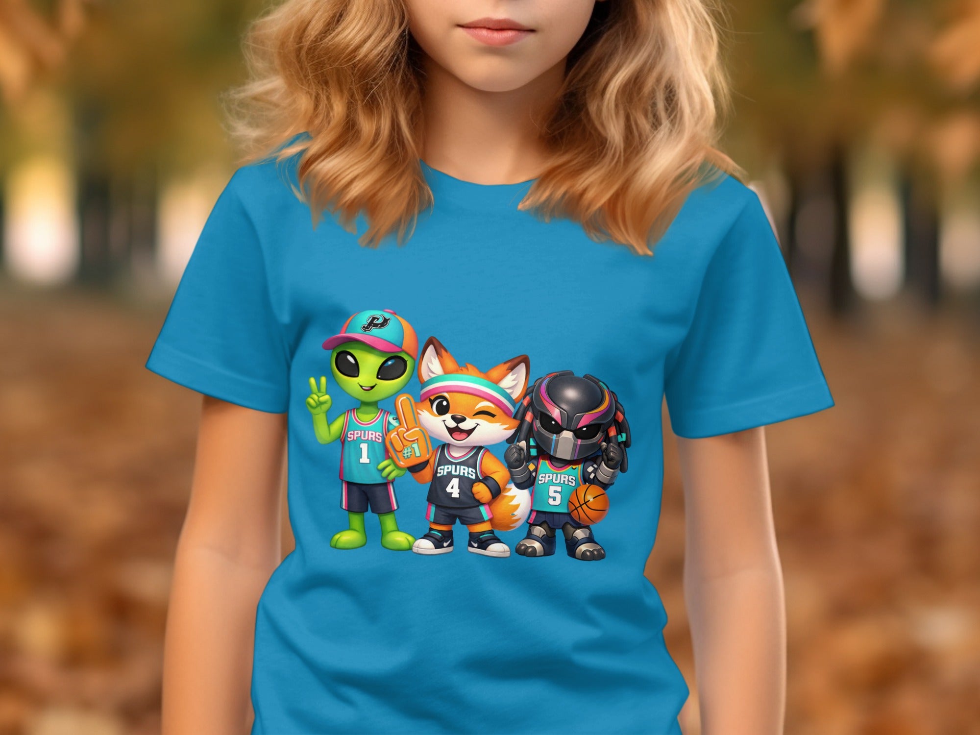 Three cartoon characters in basketball uniforms on a teal shirt.