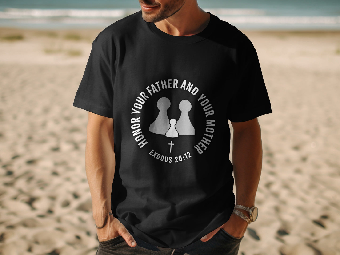 Black t-shirt with white text "Honor Your Father and Your Mother" and Exodus 20:12.
