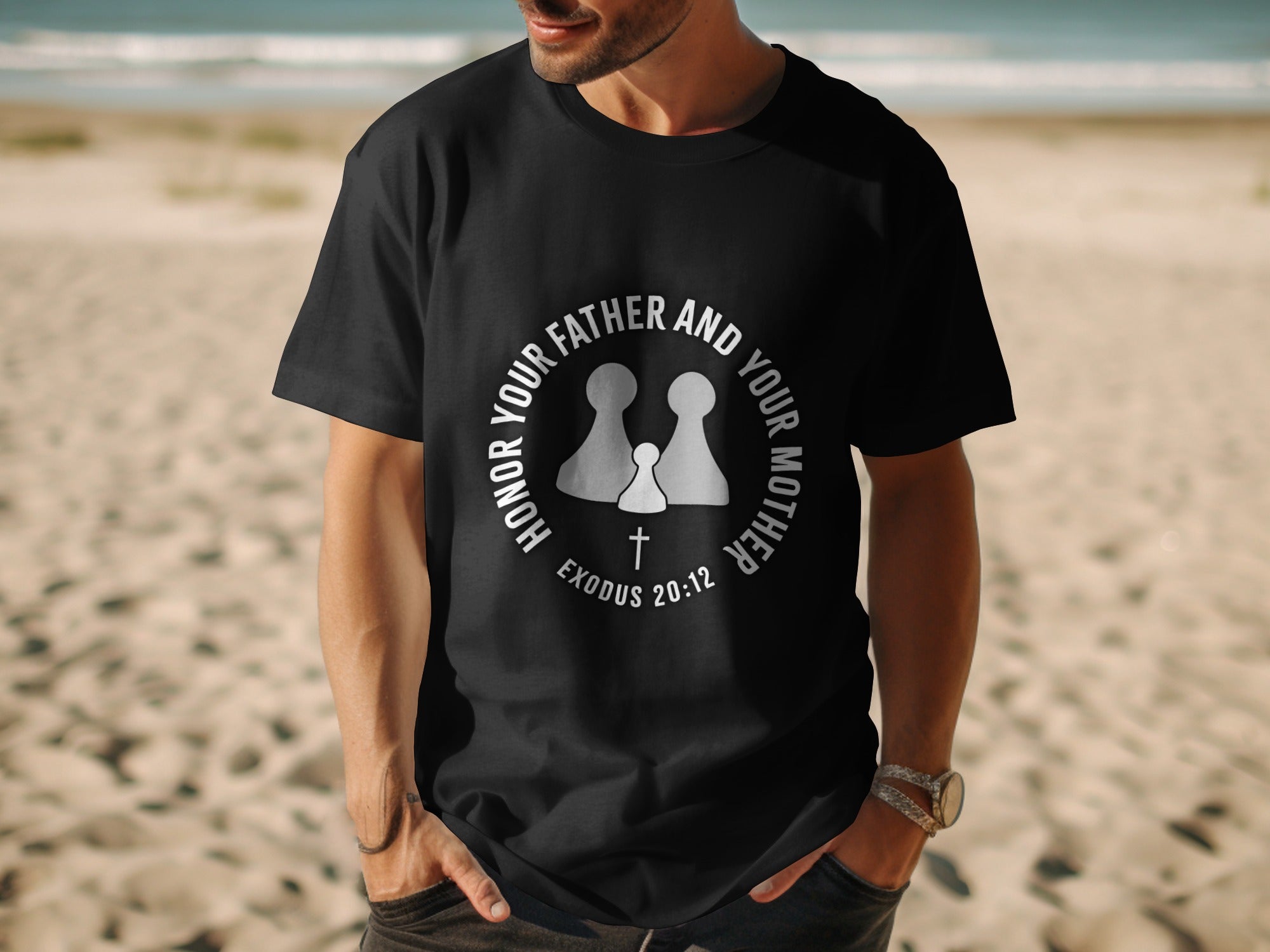 Black t-shirt with white text "Honor Your Father and Your Mother" and Exodus 20:12.