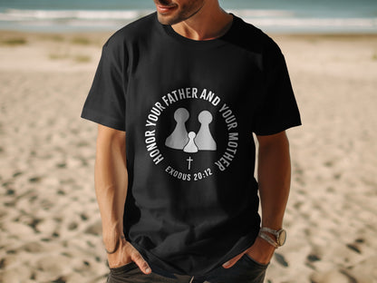 Black t-shirt with white text "Honor Your Father and Your Mother" and Exodus 20:12.