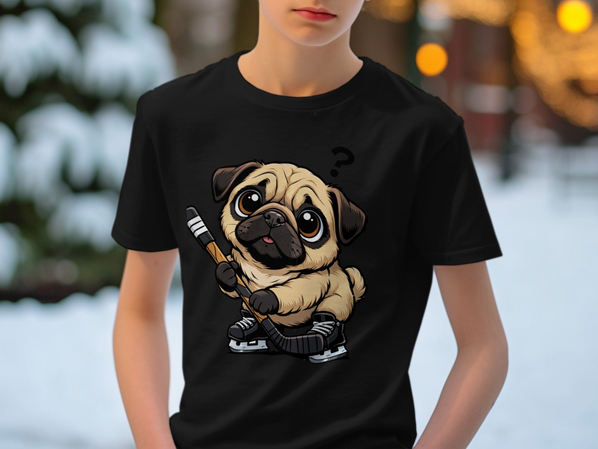 Curious pug wearing skates and holding a hockey stick on black t-shirt.