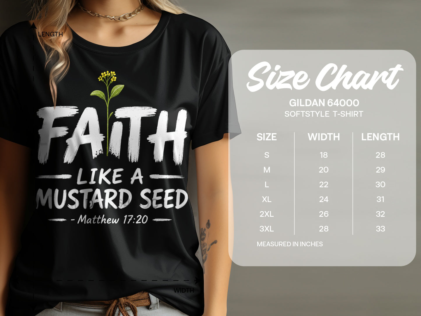 Black t-shirt with "Faith Like a Mustard Seed - Matthew 17:20" graphic and size chart.