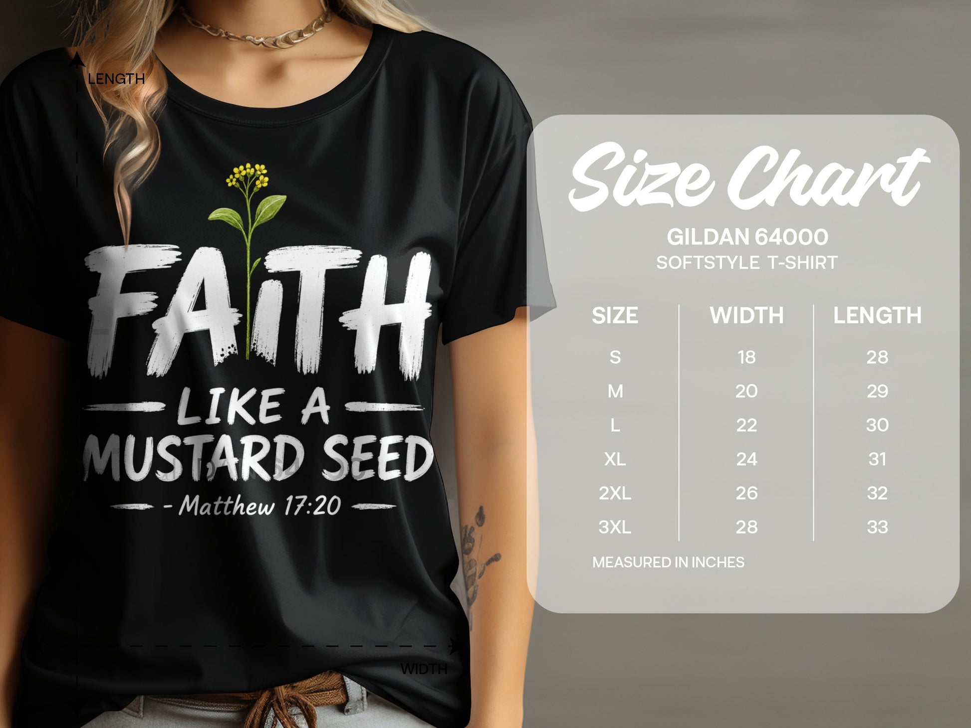 Black t-shirt with "Faith Like a Mustard Seed - Matthew 17:20" graphic and size chart.
