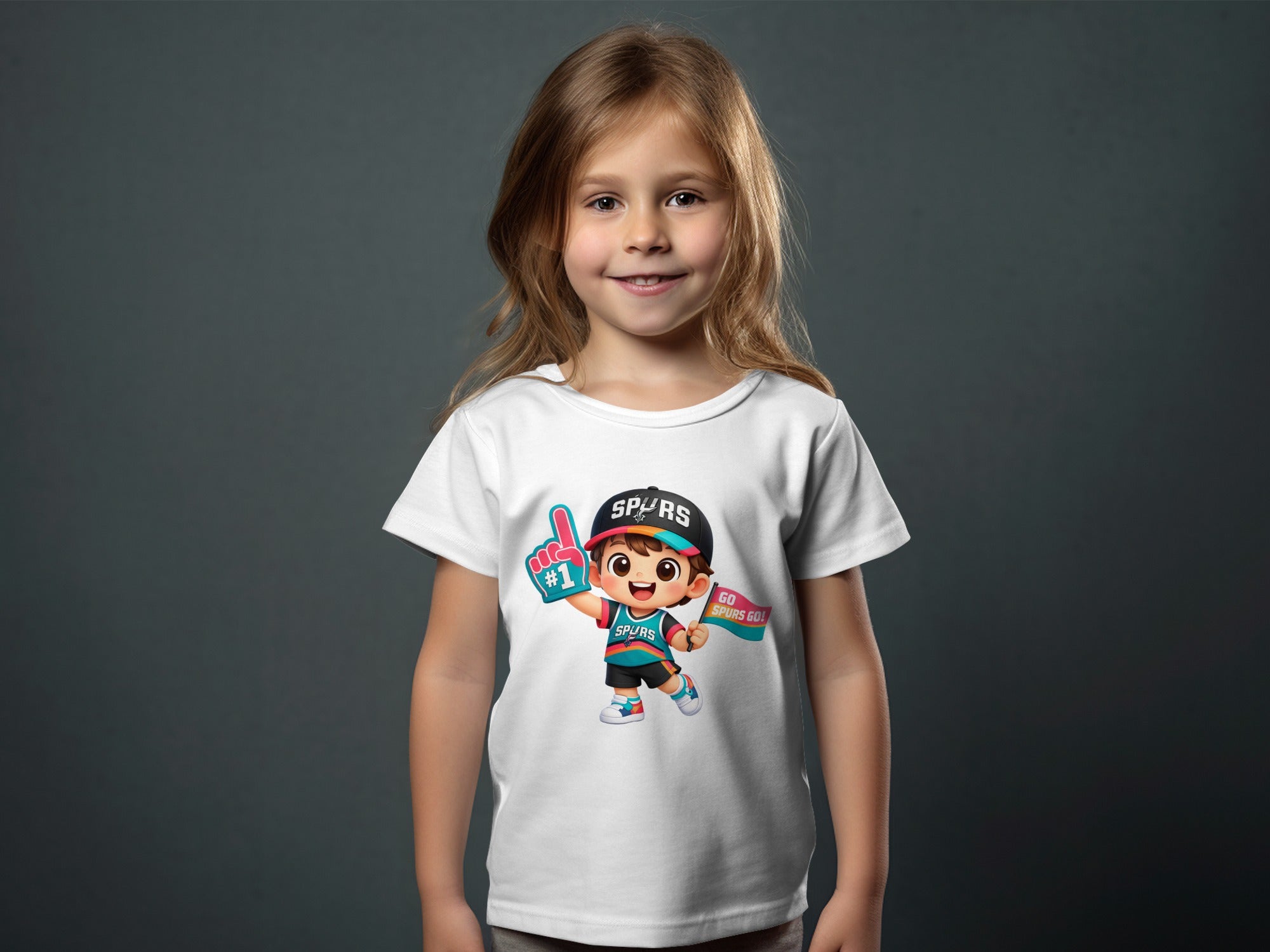 White t-shirt with cartoon child graphic, Spurs logo, foam finger, and flag.