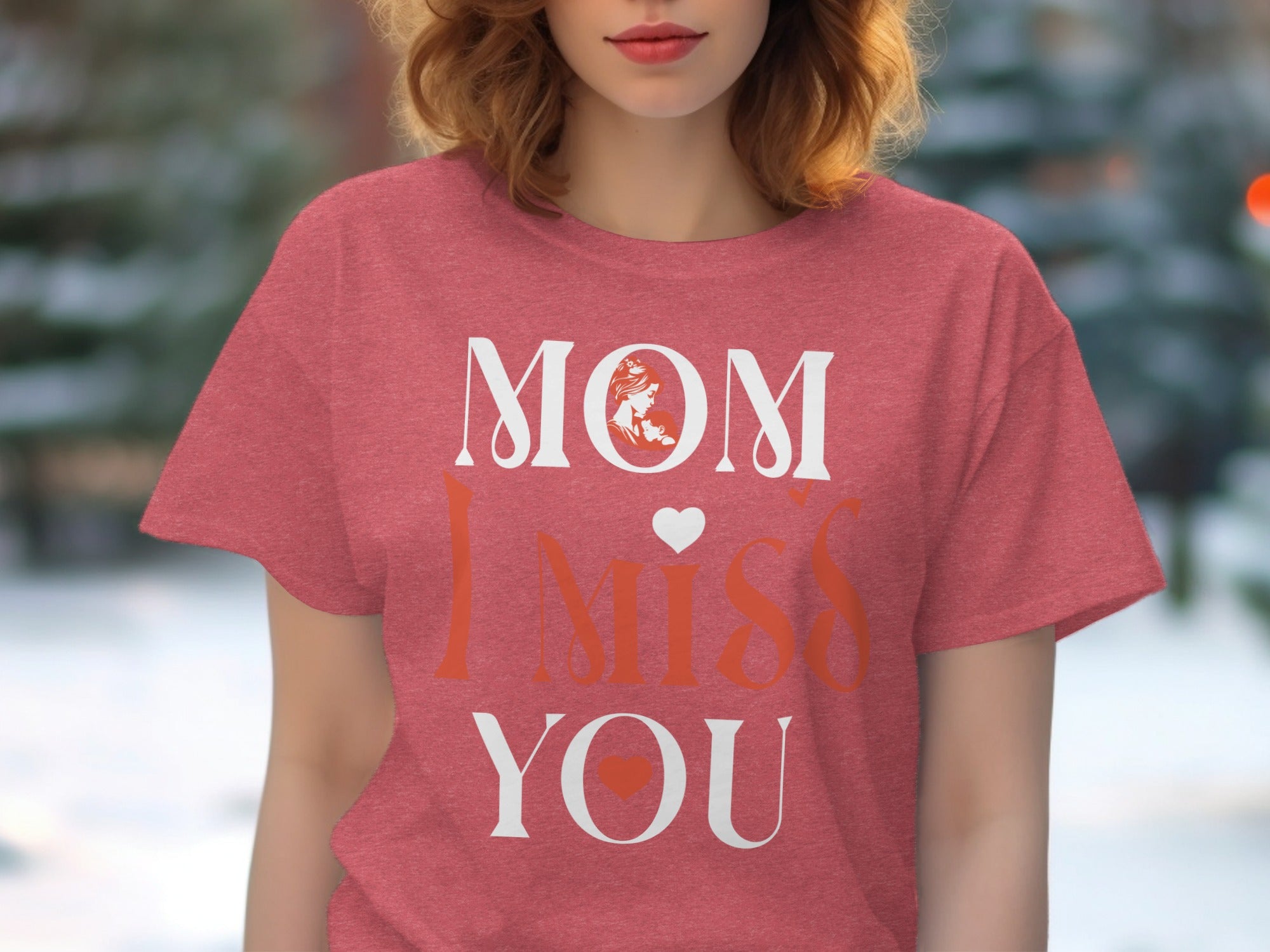 Red t-shirt with "MOM I MISS YOU" text and heart graphics.