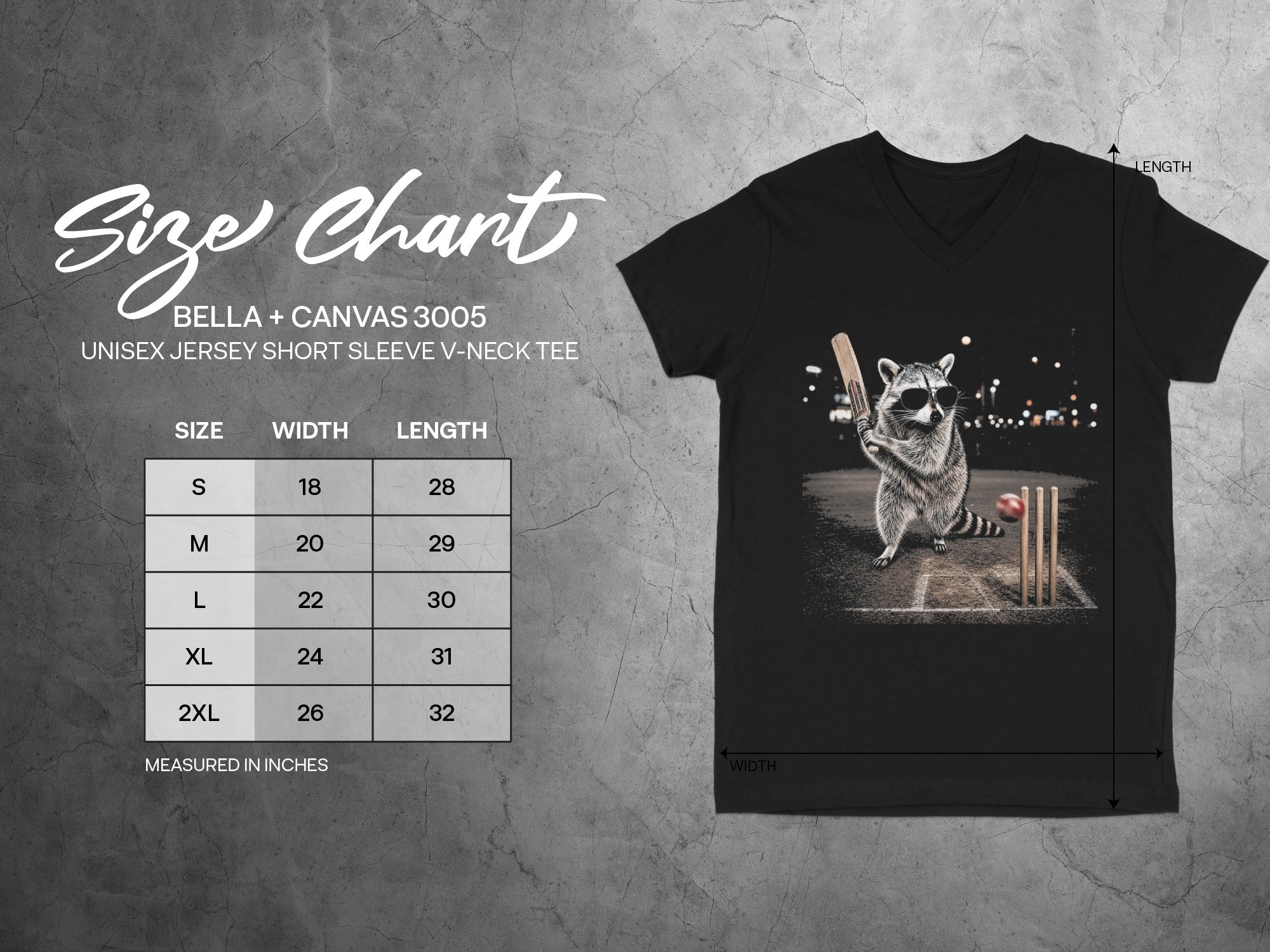 Size chart for Bella + Canvas 3005 unisex v-neck tee with raccoon graphic.