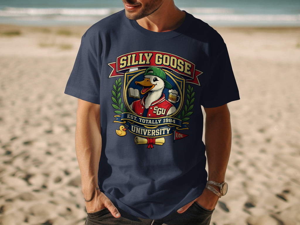 Silly Goose University crest with a duck holding a book and beer mug.