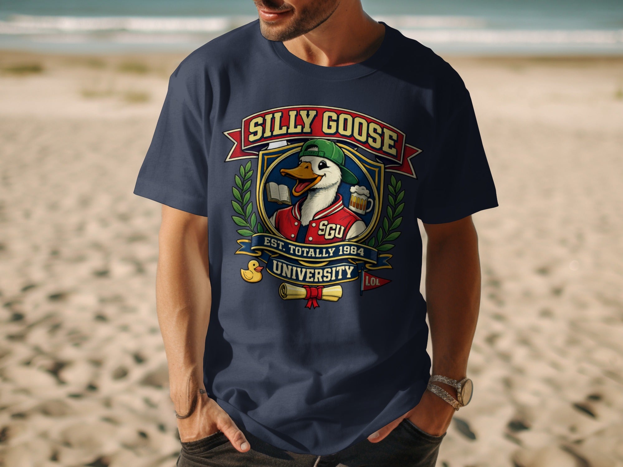 Silly Goose University crest with a duck holding a book and beer mug.