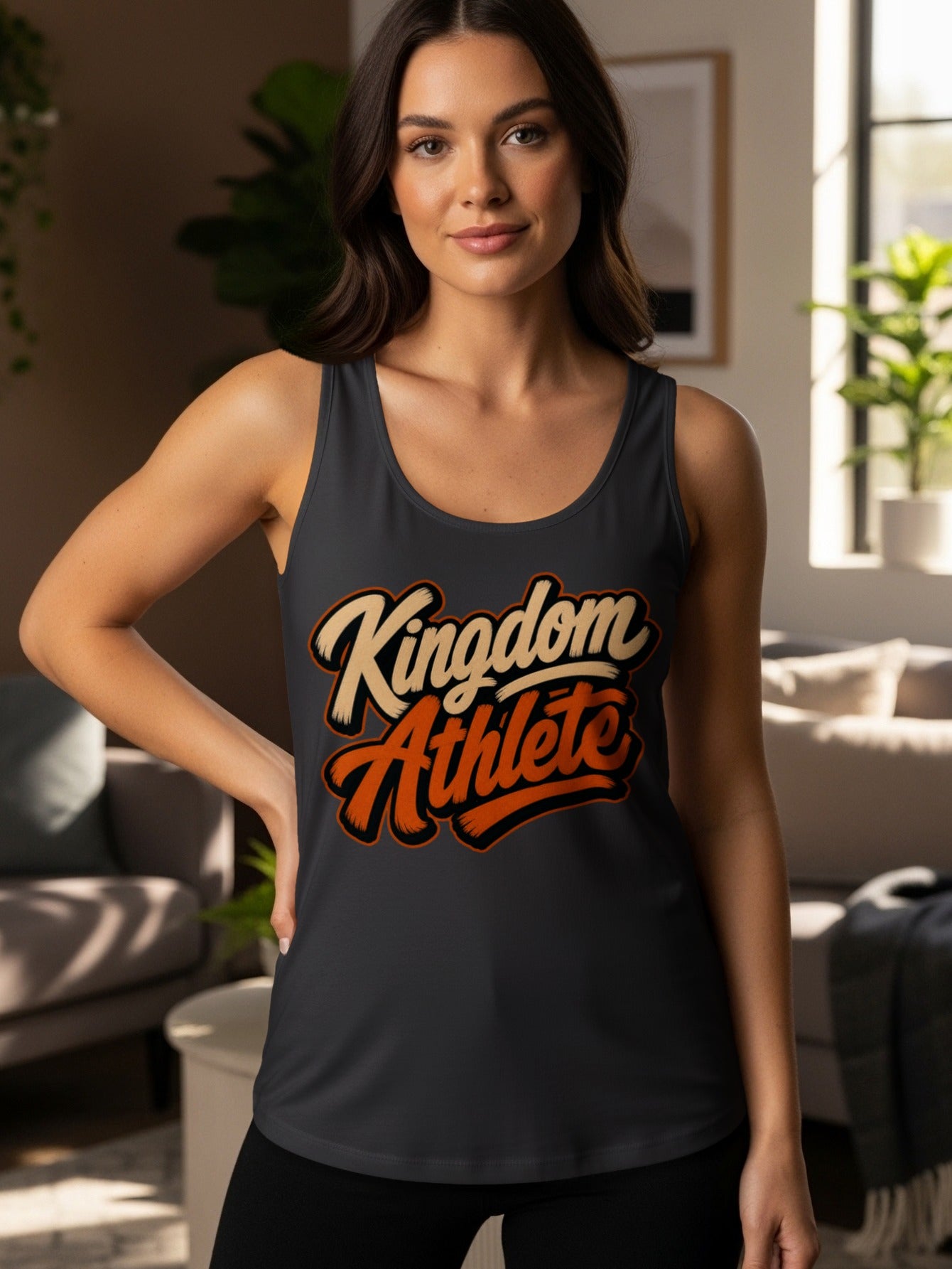 Dark gray tank top with orange and cream "Kingdom Athlete" graphic