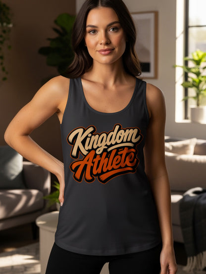 Dark gray tank top with orange and cream "Kingdom Athlete" graphic