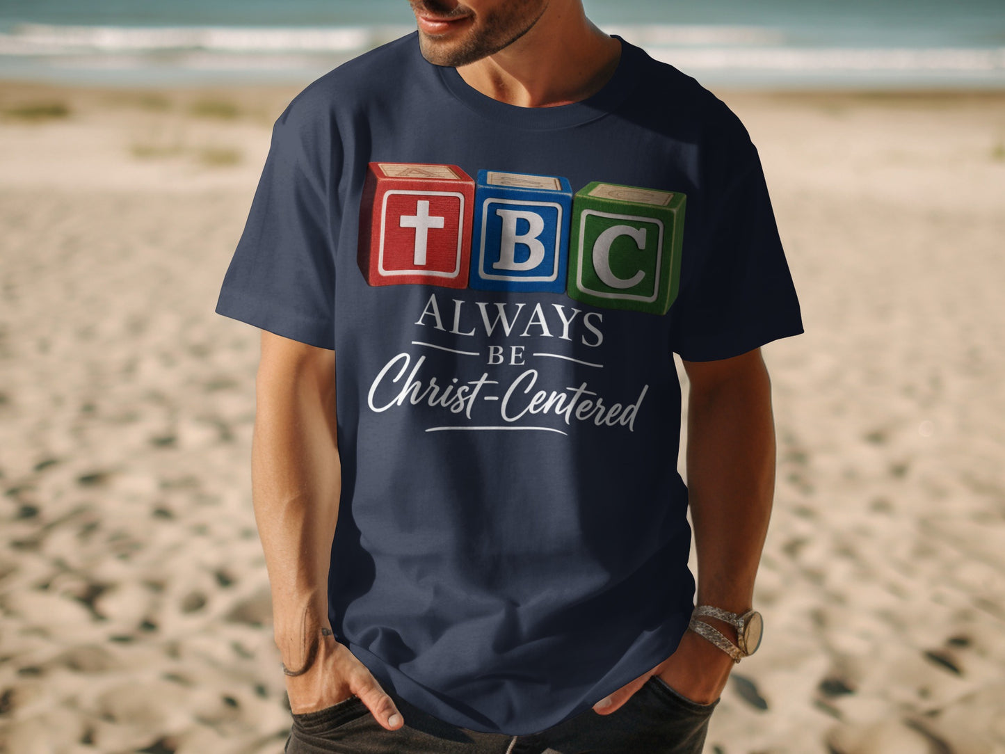 Navy t-shirt with blocks T, B, C and text "ALWAYS BE Christ-Centered".