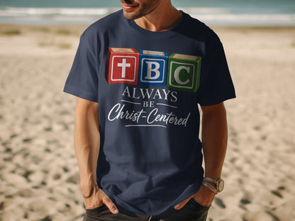 Navy t-shirt with blocks T, B, C and text "ALWAYS BE Christ-Centered".