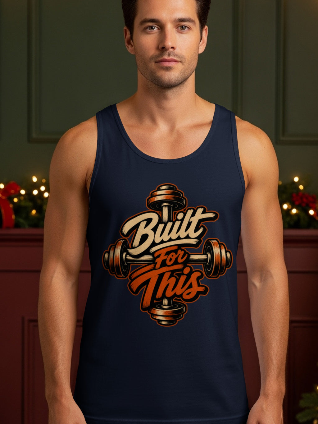 Navy tank top with "Built For This" text and barbell graphic.