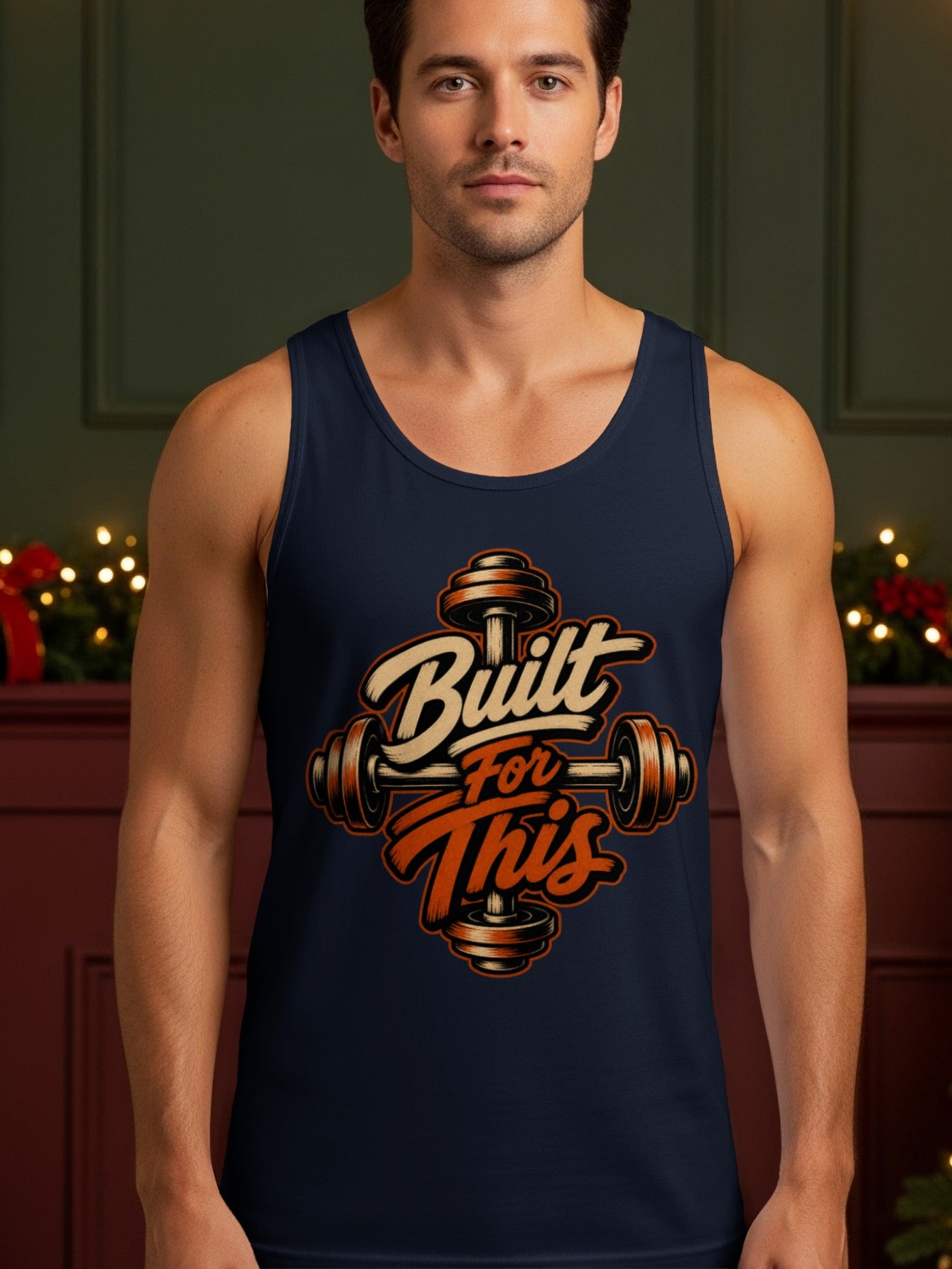 Navy tank top with "Built For This" text and barbell graphic.