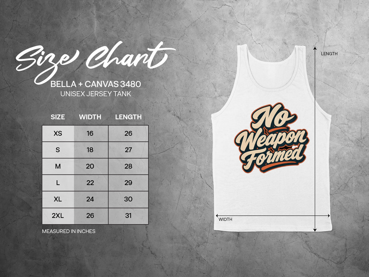 Bella + Canvas 3480 unisex jersey tank size chart with graphic and measurements in inches.