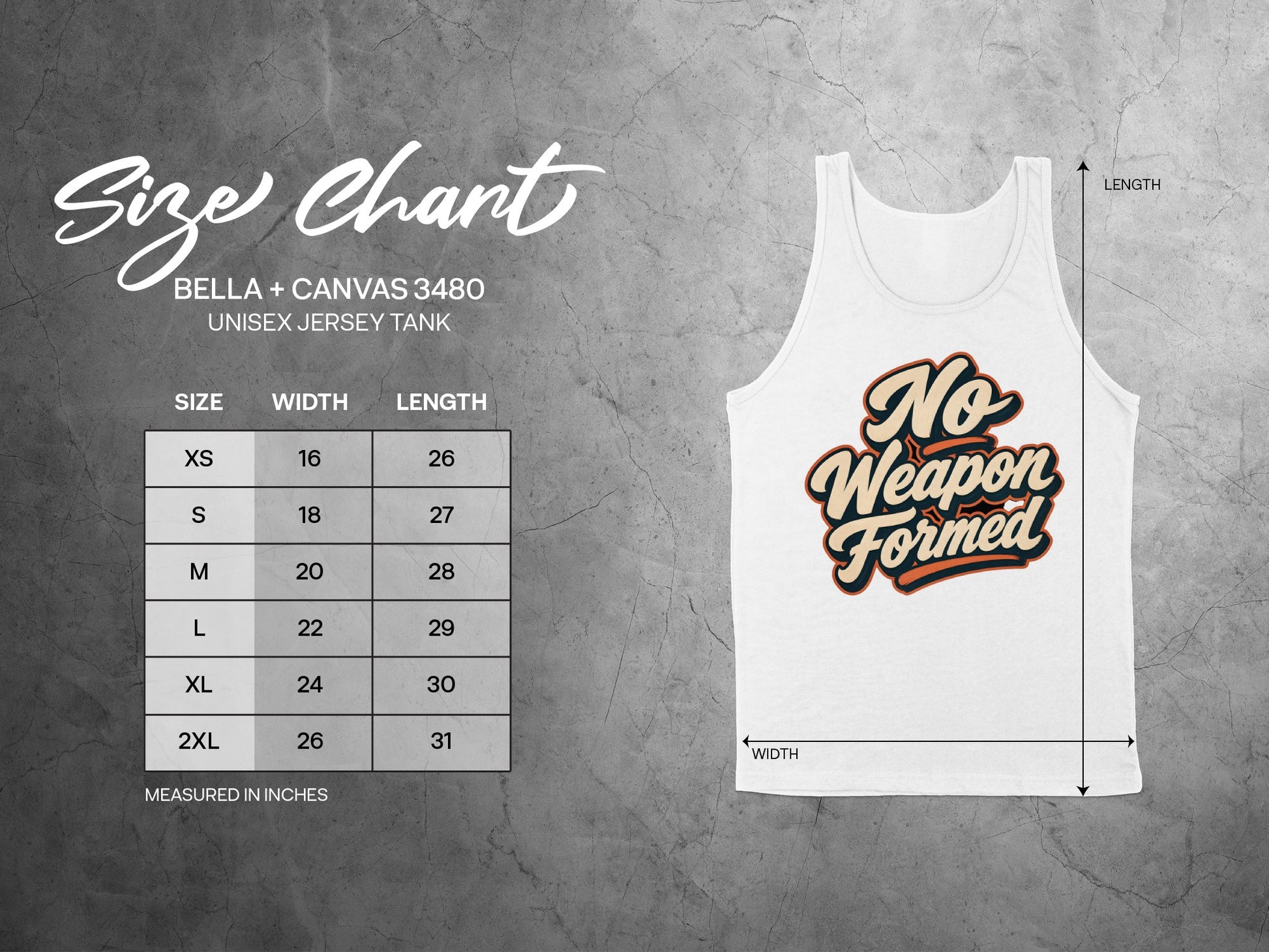 Bella + Canvas 3480 unisex jersey tank size chart with graphic and measurements in inches.