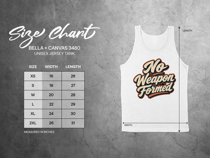 Bella + Canvas 3480 unisex jersey tank size chart with graphic and measurements in inches.