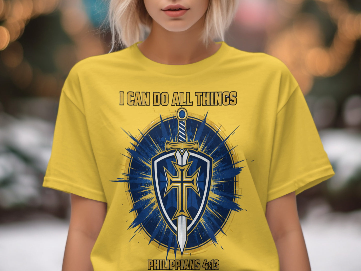 Yellow t-shirt with "I CAN DO ALL THINGS" and Philippians 4:13 with sword and shield graphic.
