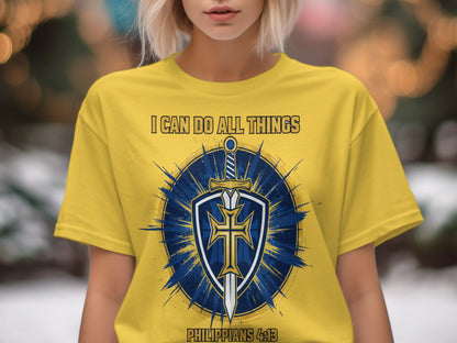 Yellow t-shirt with "I CAN DO ALL THINGS" and Philippians 4:13 with sword and shield graphic.