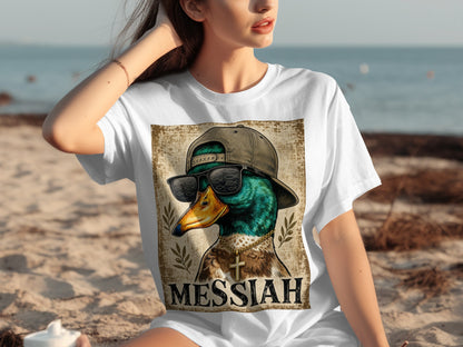 White t-shirt with graphic of a duck wearing sunglasses and a hat, text "MESSIAH".