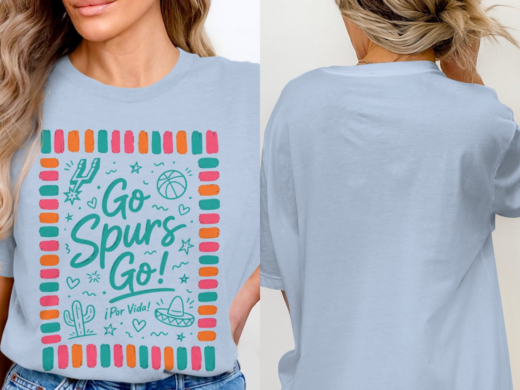 Light blue t-shirt with "Go Spurs Go! ¡Por Vida!" graphic and basketball icons.