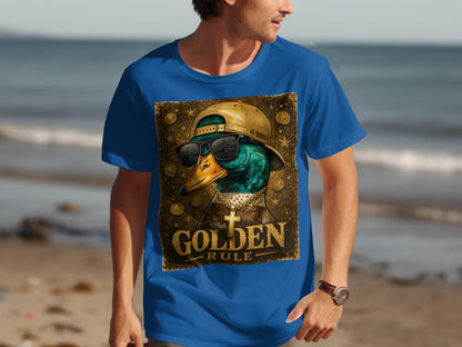 Duck wearing sunglasses and gold chain on blue t-shirt, text reads "GOLDEN RULE".