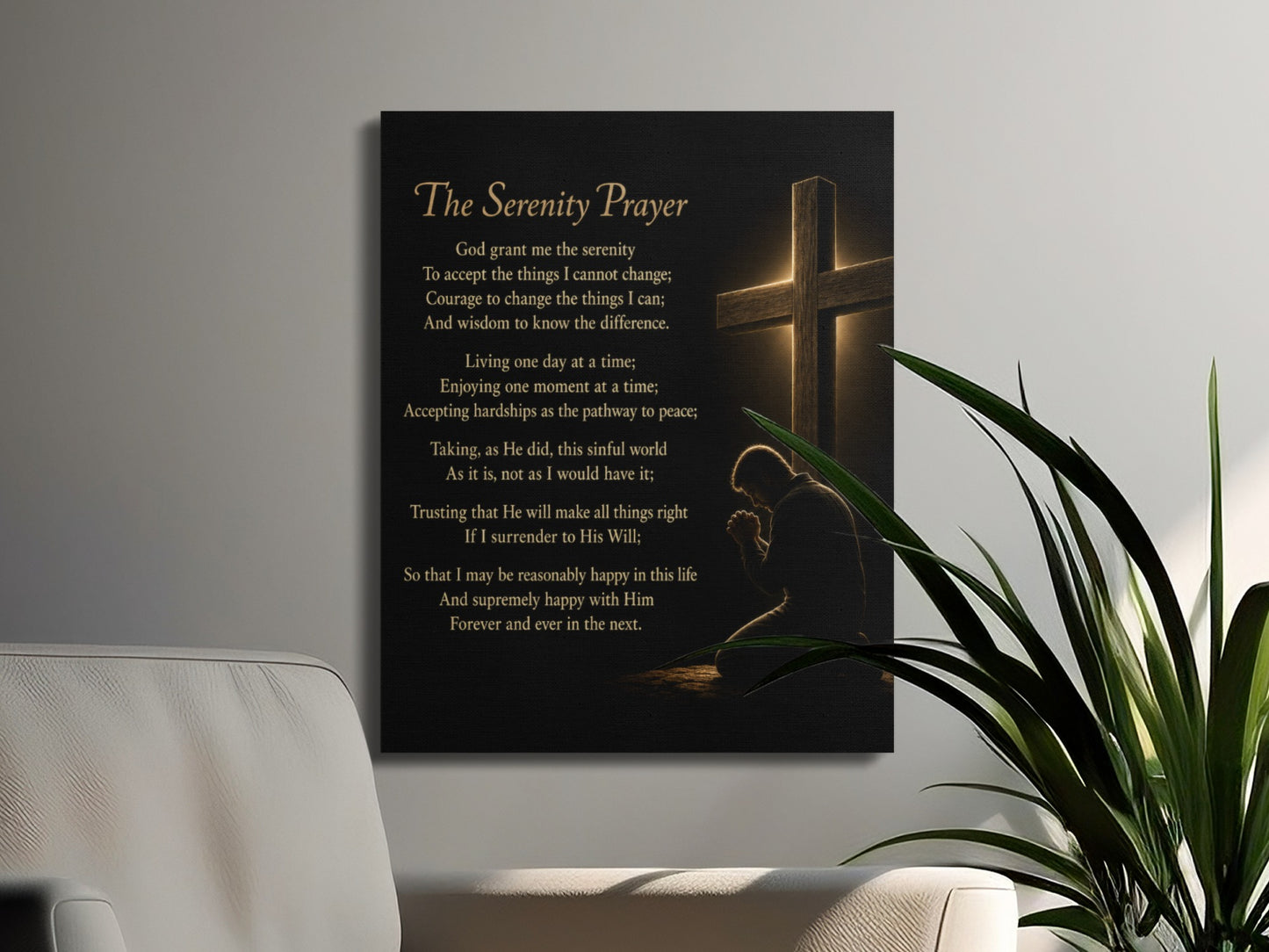 The Serenity Prayer on canvas with praying figure and illuminated cross.