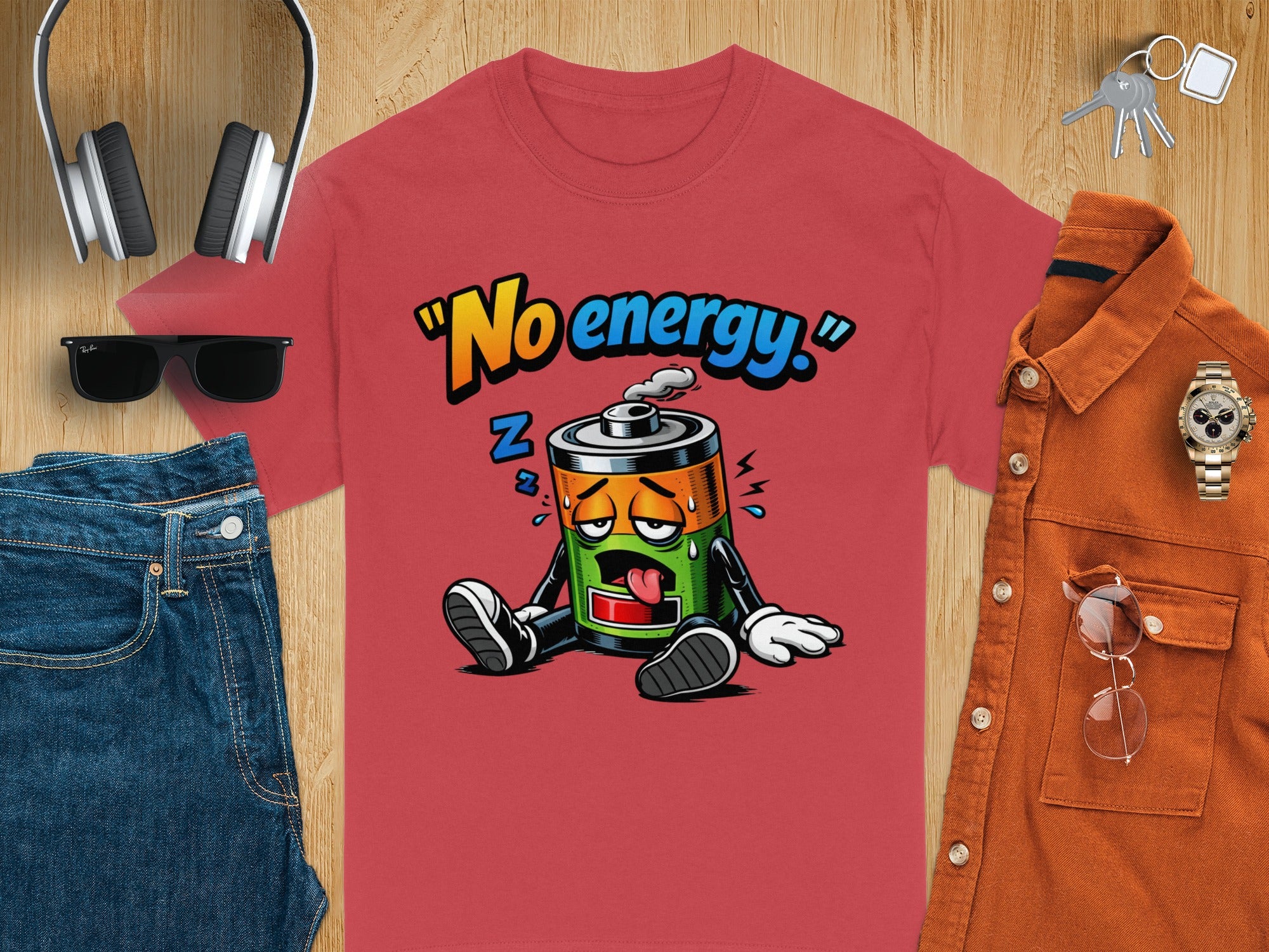 Red t-shirt with "No energy" text and a sleeping battery character graphic.