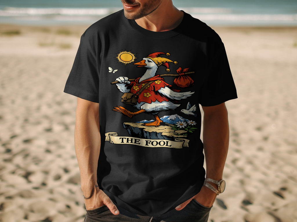 Black t-shirt with a goose wearing a jester hat and a red shirt, holding a pole with a bag.