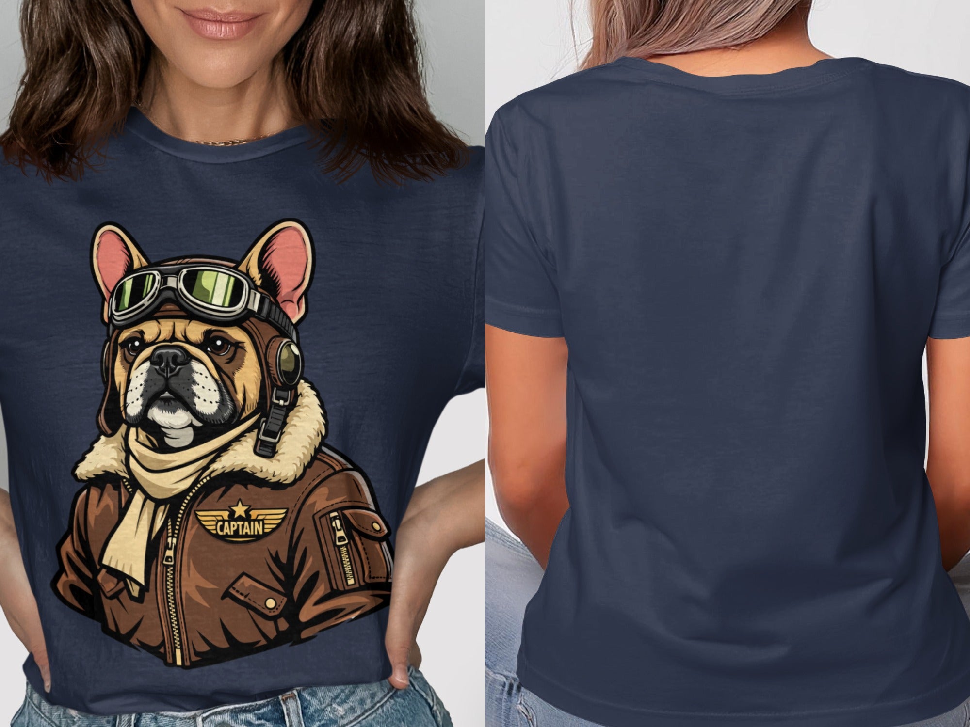French bulldog in aviator jacket and goggles with "CAPTAIN" text on t-shirt.