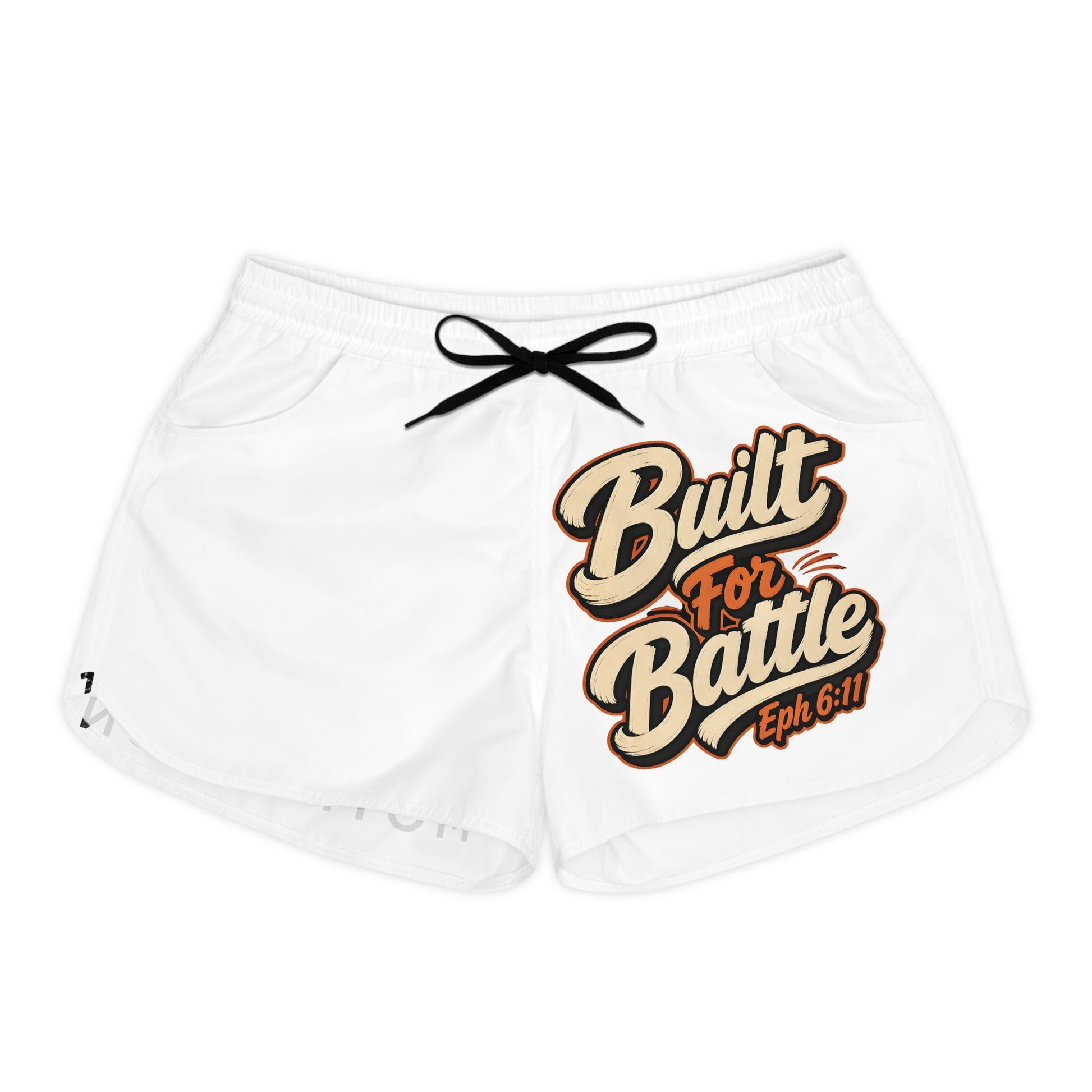 White shorts with "Built For Battle Eph 6:11" graphic and black drawstring.