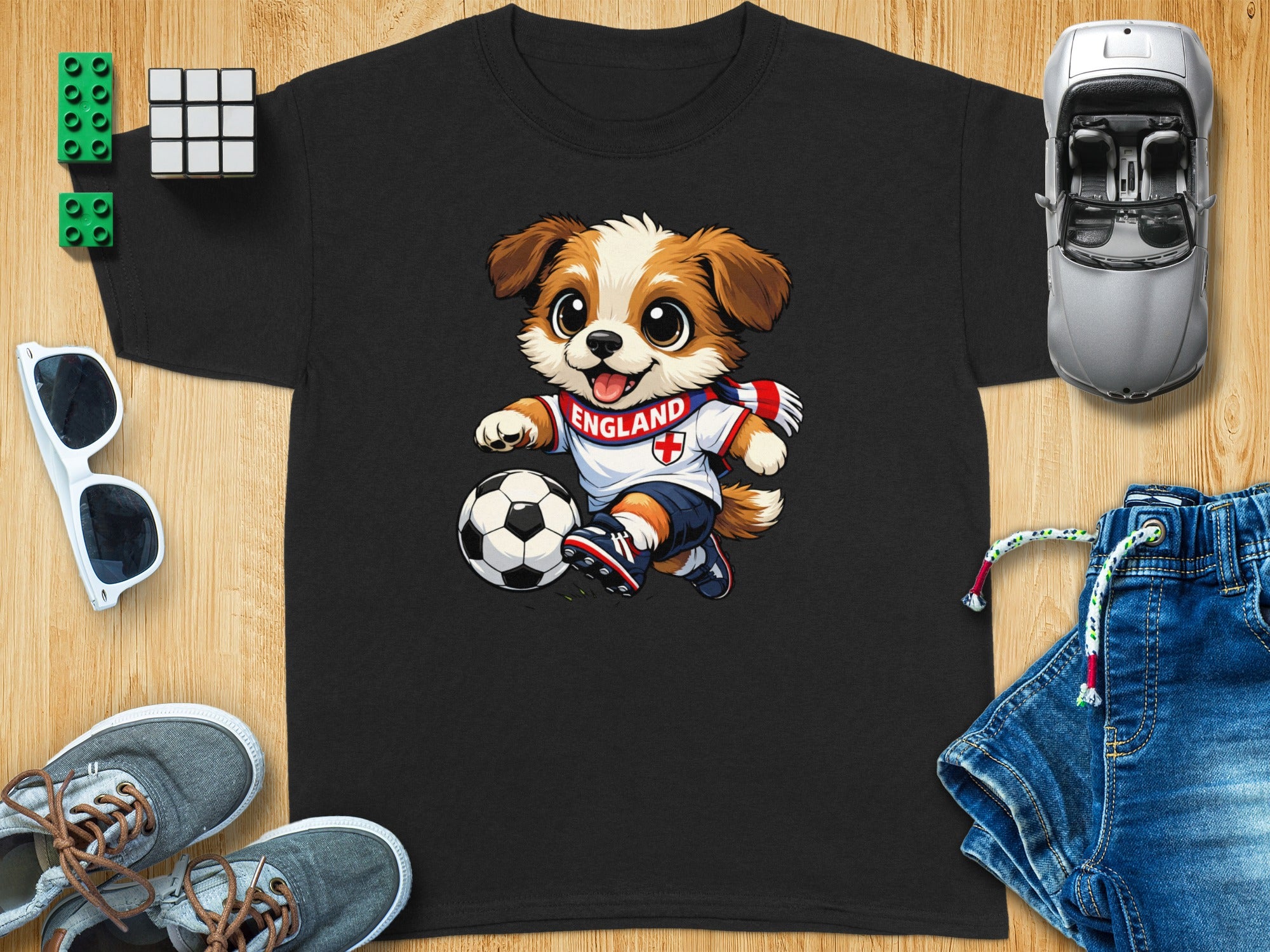 Black t-shirt with a cartoon dog playing soccer and wearing an England scarf.