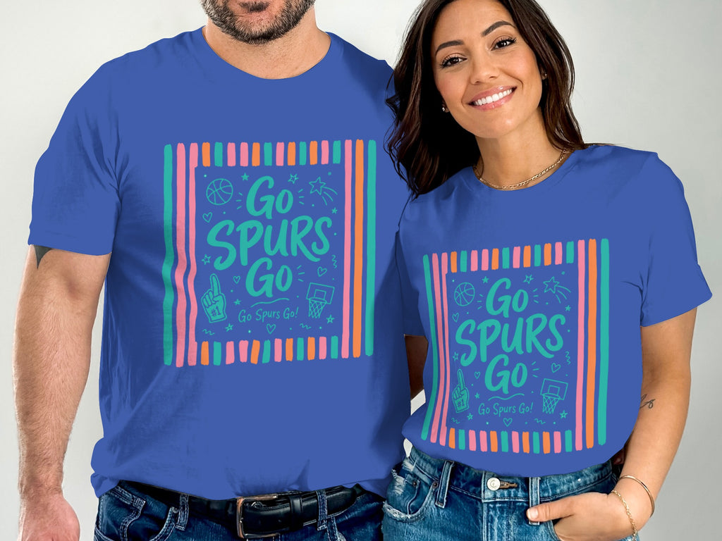 Two models wear royal blue t-shirts with "Go Spurs Go" and basketball graphics.
