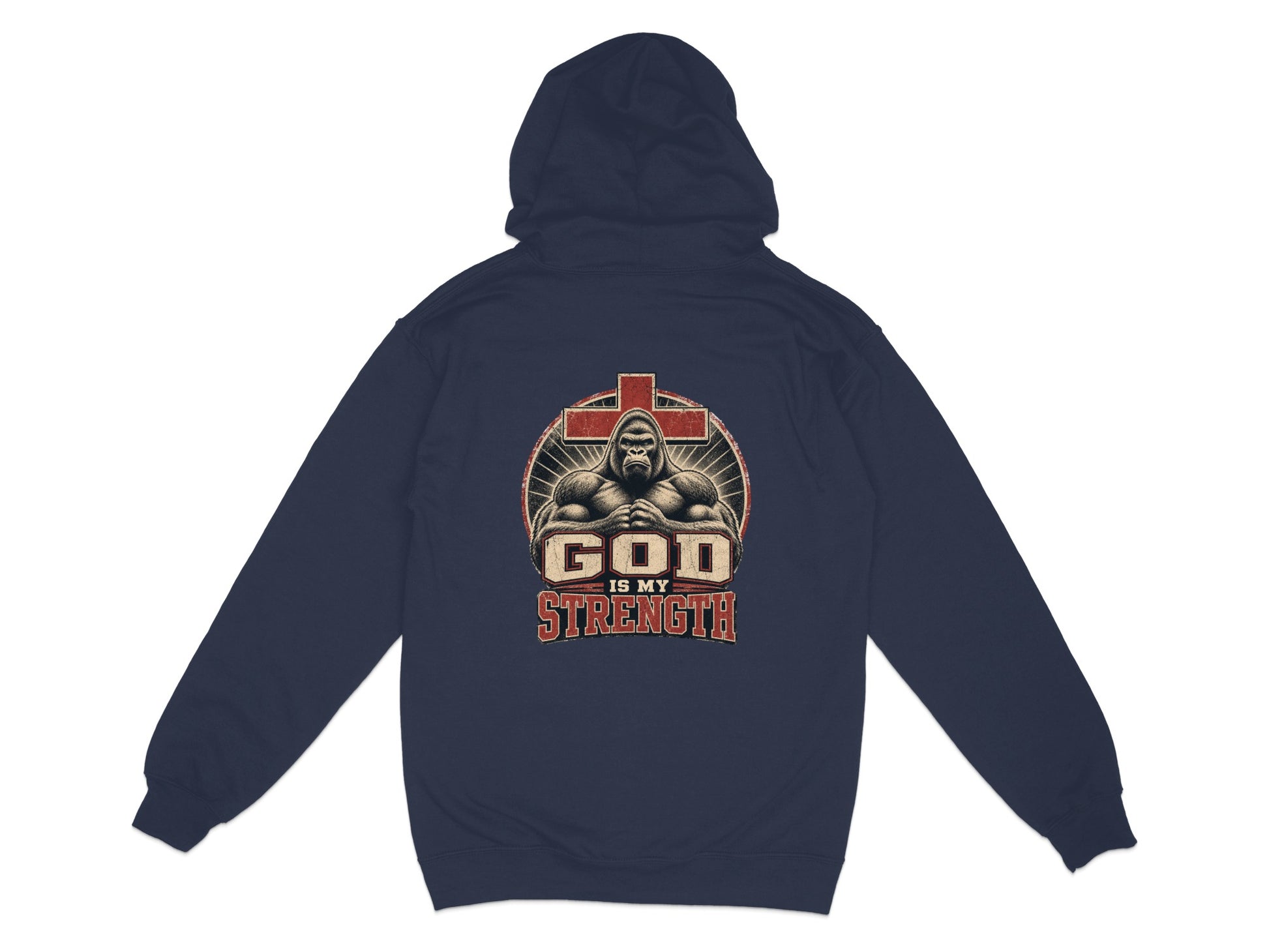 Navy hoodie with gorilla and "God is My Strength" text graphic on back.