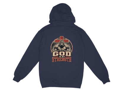 Navy hoodie with gorilla and "God is My Strength" text graphic on back.