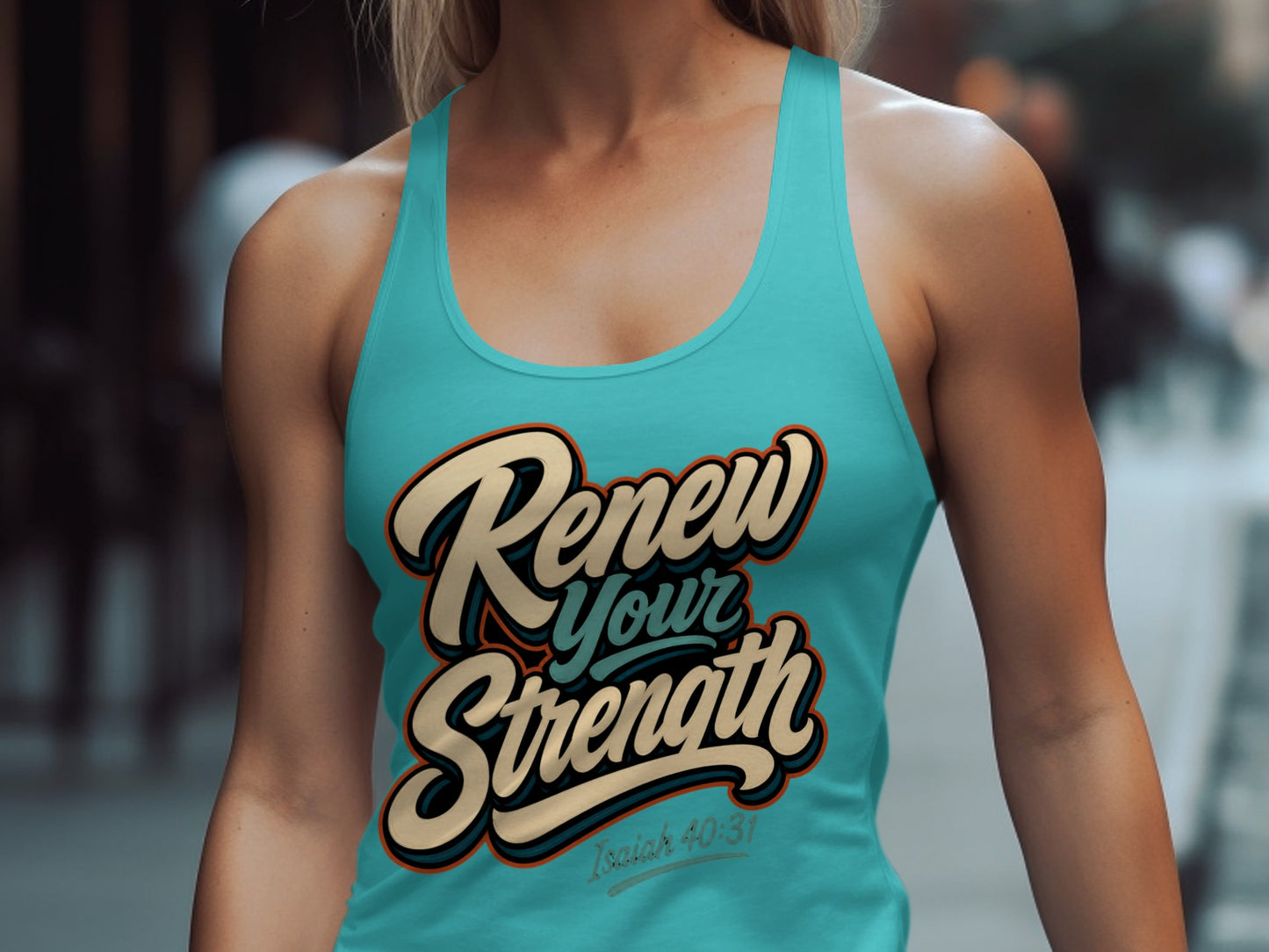 Turquoise tank top with "Renew Your Strength" and "Isaiah 40:31" text.