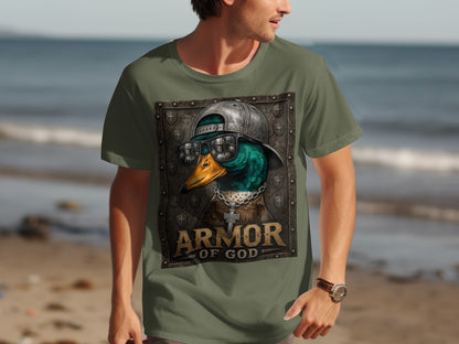 Duck wearing a baseball cap and sunglasses, with text "ARMOR OF GOD".